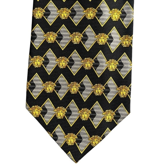 GIANNI VERSACE 90s Vintage Metallic Silk Medusa Pattern Tie Made in Italy - Picture 3 of 6